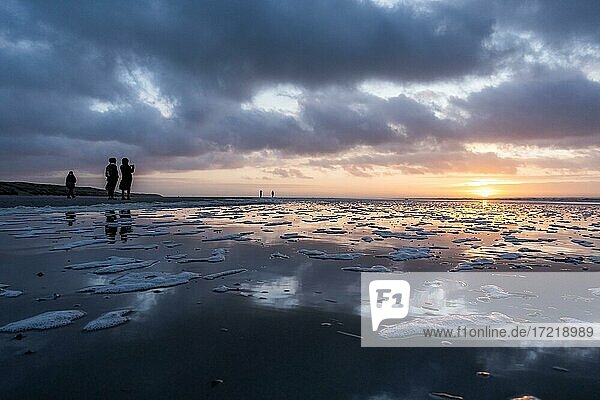 Couple taking photos at sunset on the beach  Langeoog  East Frisian Islands  Lower Saxony  Germany  Europe