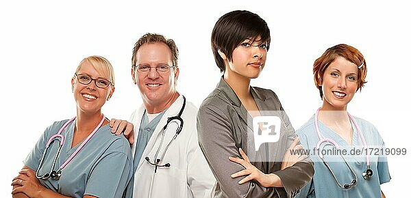 Young mixed race woman with doctors and nurses behind isolated on a white background