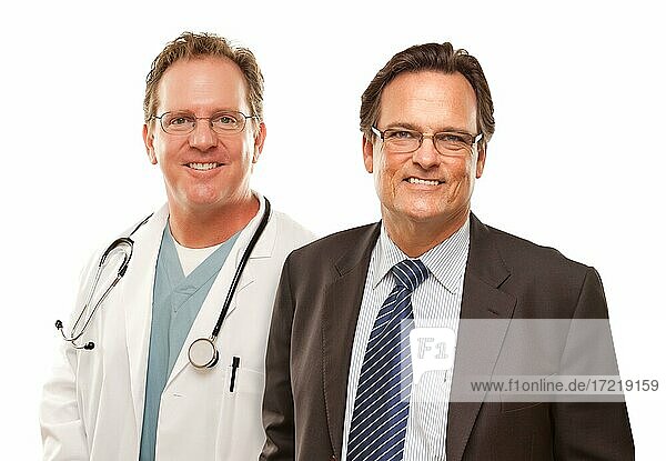 Smiling businessman with male doctor or nurse isolated on a white background