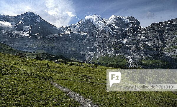 Wanderweg vor der Eiger Nordwand  Steilwand und Berge  hinten Berge und Berggipfel  Jungfrauregion  Lauterbrunnen  Berner Alpen  Schweiz  Europa