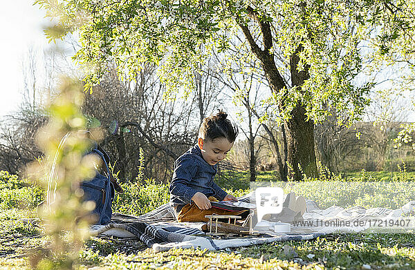 Boy looking at digital tablet while sitting on picnic blanket in park during sunny day