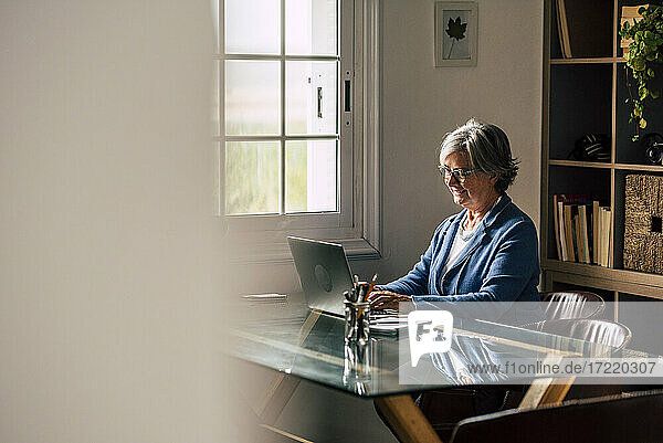 Lächelnde ältere Unternehmerin mit Laptop  die von zu Hause aus arbeitet