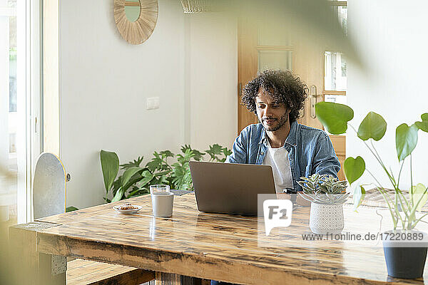 Männlicher Unternehmer arbeitet zu Hause am Laptop