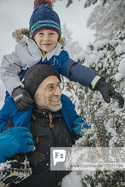 Niedlicher Sohn sitzt auf den Schultern des Vaters und berührt einen schneebedeckten Nadelbaumzweig