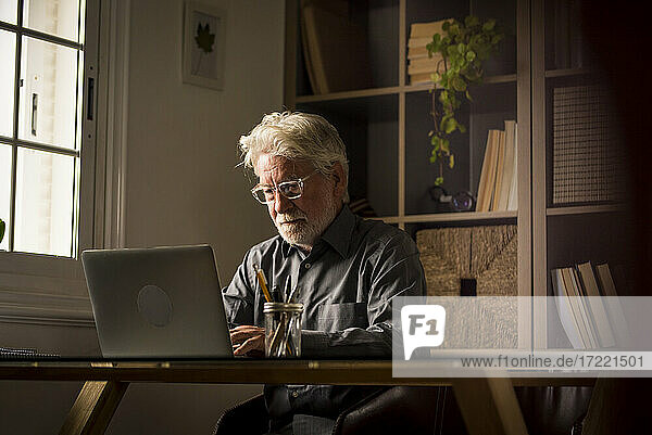 Älterer männlicher Unternehmer  der von zu Hause aus an seinem Laptop arbeitet