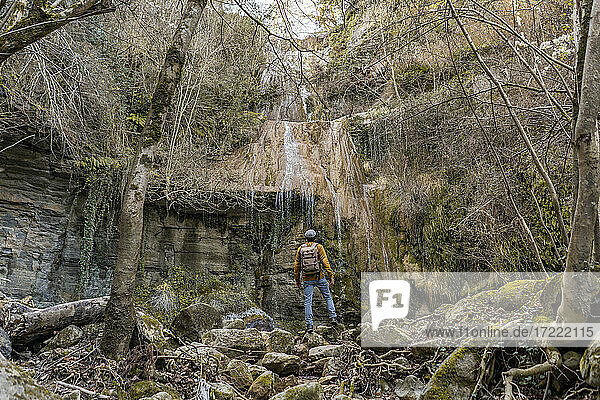 Man looking at waterfall while standing on rocks in forest