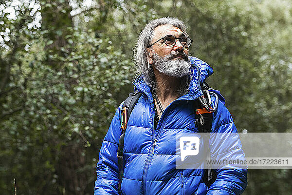 Älterer Mann mit grauem Haar  der im Wald in die Ferne schaut