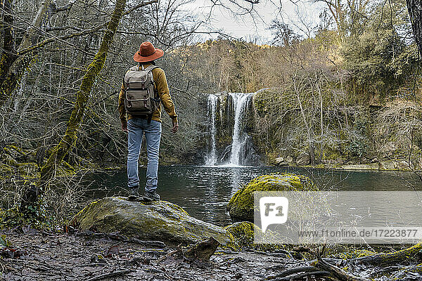 Man looking at waterfall while standing on rock by lake