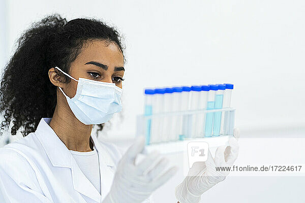 Eine Forscherin untersucht eine Flüssigkeit im Reagenzglas bei der Arbeit im Labor