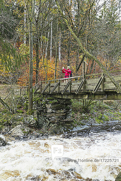 Male senior hiker standing on bridge over water in forest