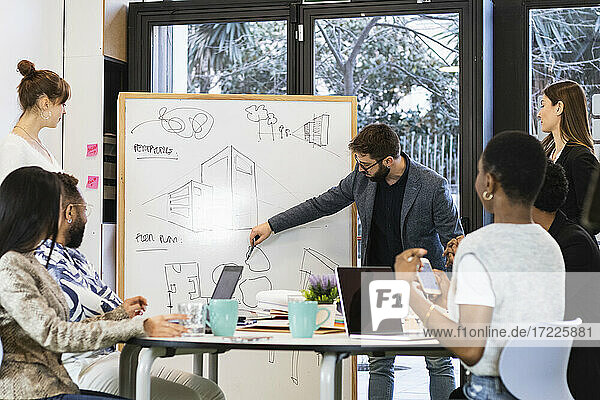 Young entrepreneur explaining over diagram on whiteboard to colleague in meeting
