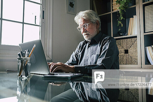 Serious senior male entrepreneur with eyeglasses using laptop in home office