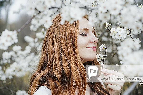 Junge Frau mit geschlossenen Augen riecht an einer weißen Blume