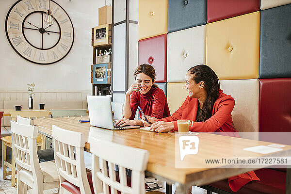Gut gelaunte Unternehmerin mit Laptop  die neben einem Kollegen in einem Café arbeitet