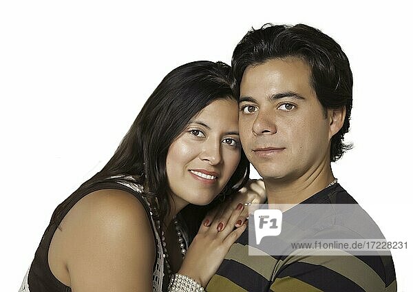 Attractive hispanic couple portrait isolated on white