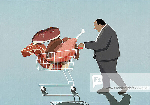 Übergewichtiger Geschäftsmann mit Einkaufswagen voller Fleisch