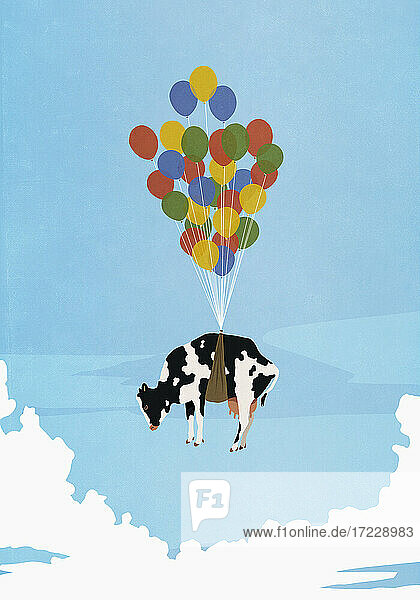 Helium Ballon Bündel heben Kuh in den Himmel