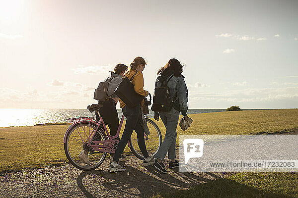 Female teenager friends with bicycle walking at lakeshore during sunset