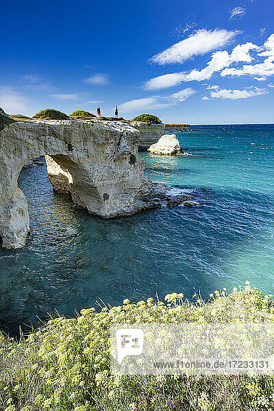 Touristen bewundern das Meer von Natursteinbogen auf Klippe  Torre Sant'Andrea  Provinz Lecce  Salento  Apulien  Italien  Europa