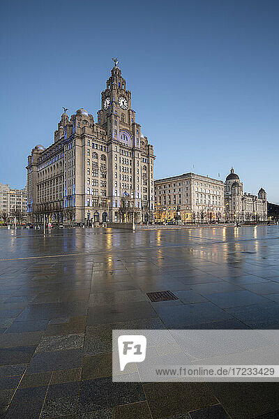 The Three Graces reflected on the Pier Head  UNESCO World Heritage Site  Liverpool  Merseyside  England  United Kingdom  Europe