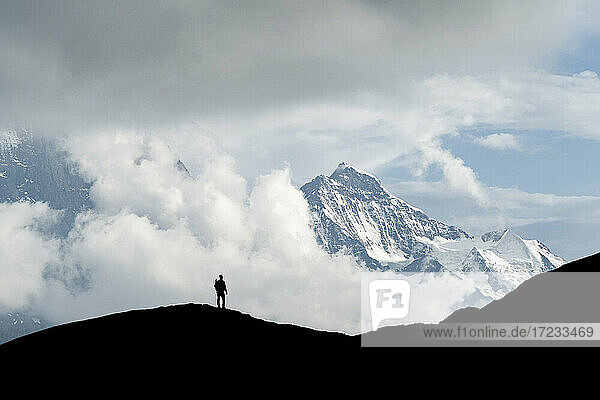 Silhouette of hiker man admiring Jungfrau mountain peak from First  Grindelwald  Bernese Alps  Canton of Bern  Switzerland  Europe