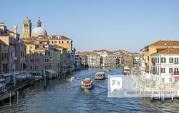 Boats on the Grand Canal  on the left church Chiesa di San Geremia  Venice  Veneto  Italy  Europe