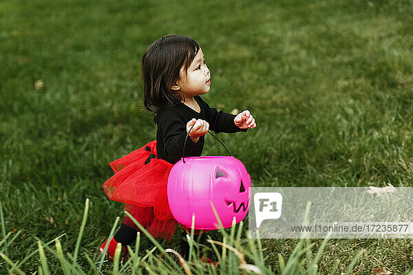 Girl in fancy dress costume with trick or treat bucket