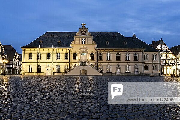 City Hall at the blue hour  Lippstadt  Westphalia  North Rhine-Westphalia  Germany  Europe