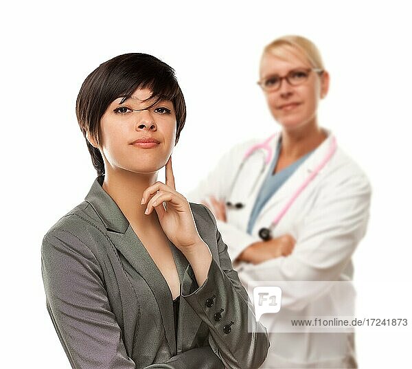 Young multiethnic woman and female doctor isolated on a white background