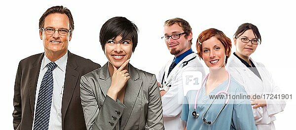 Attractive mixed race women and businessman with doctors or nurses isolated on a white background