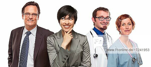 Attractive mixed race women and businessman with doctors or nurses before a white background