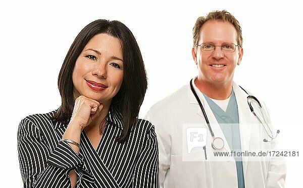 Attractive hispanic woman with male doctor or nurse isolated on a white background