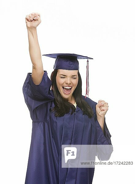 Happy graduating mixed-race female wearing cap and gown cheering isolated on a white background