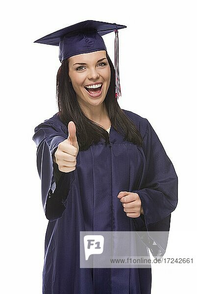 Happy graduating mixed-race female wearing cap and gown with thumbs up isolated on a white background