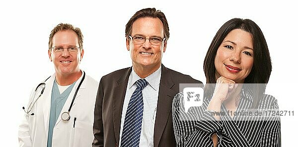 Attractive hispanic woman with husband and male doctor isolated on a white background