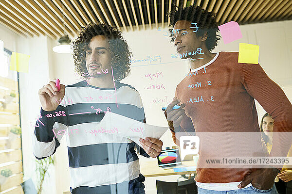 Multi-ethnische Kollegen beim Brainstorming an einer Glaswand im Büro