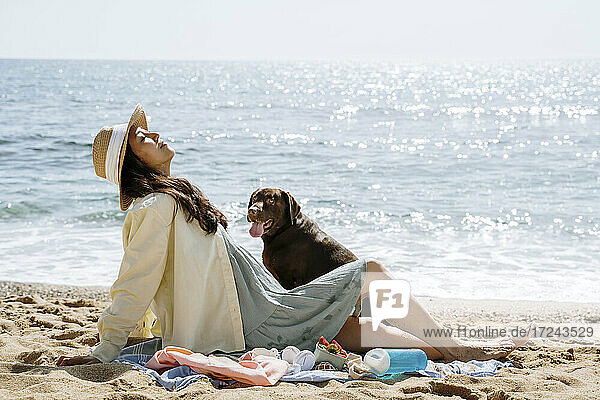 Mittlere erwachsene Frau entspannt sich mit Hund am Strand an einem sonnigen Tag