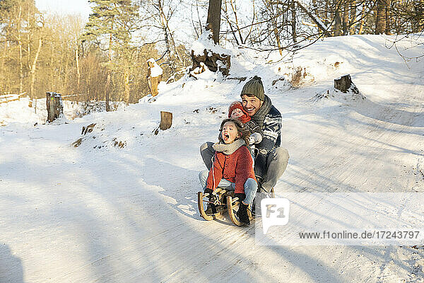 Playful boy sledding with father and brother on snow during winter