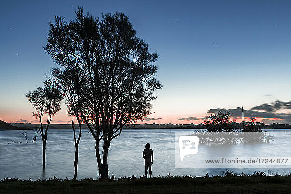 New Zealand  North Island  Rotorua  Silhouette of man looking at Lake Okareka at sunset