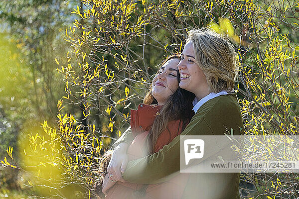Smiling lesbian couple embracing amidst plants during sunny day