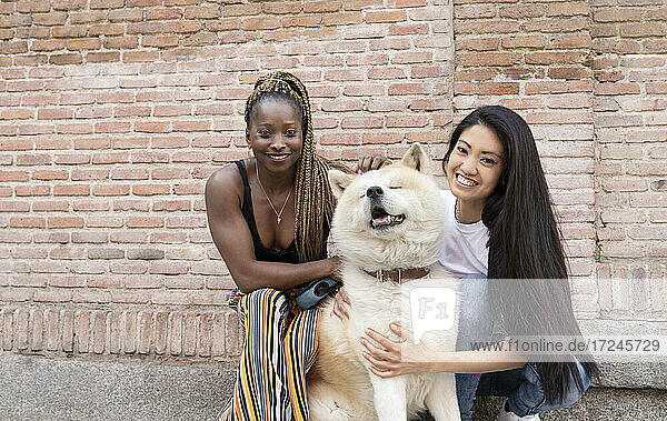 Multiethnische Freundinnen mit Akita-Hund an einer Ziegelmauer