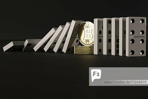 CGI-Konzept des dezentralen Finanzwesens bitcoin stoppt ausgerichtete Dominosteine vom Umfallen