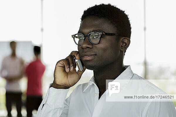 Geschäftsmann  der mit seinem Handy telefoniert  während seine Kollegen im Hintergrund diskutieren