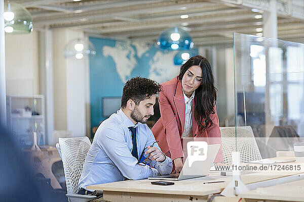 Männliche und weibliche Unternehmer besprechen einen Geschäftsplan auf einem Laptop in einem Coworking-Büro