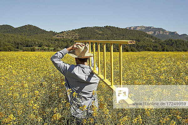 Junger Mann mit Strohhut  der eine gelbe Leiter auf einem Feld trägt