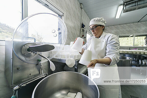 Mature chef putting cheese in machinery from container at dairy factory