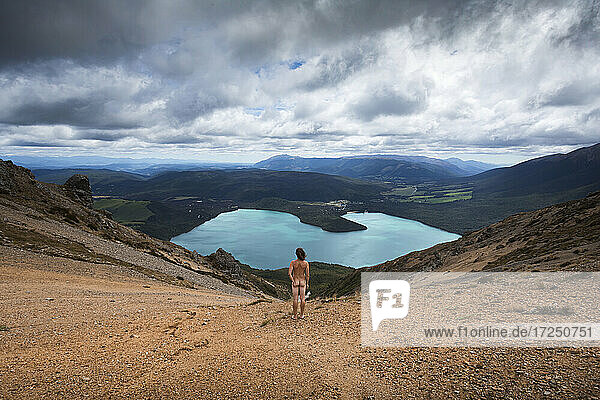 New Zealand  Tasman  Rear view of naked man looking at Lake Rotoiti