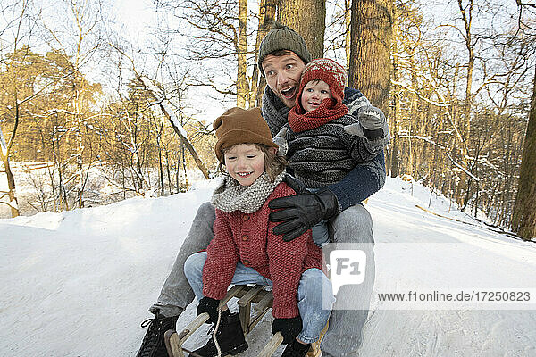 Playful father holding sons while sledding on snow during winter