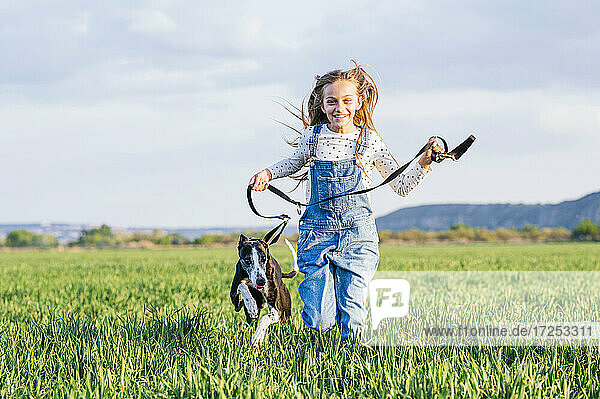 Glückliches Mädchen läuft mit Hund in einem landwirtschaftlichen Feld