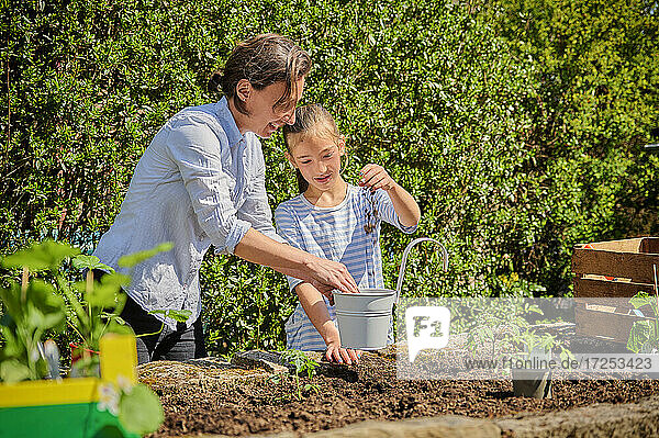 Tochter hilft Mutter bei der Pflanzung im Garten